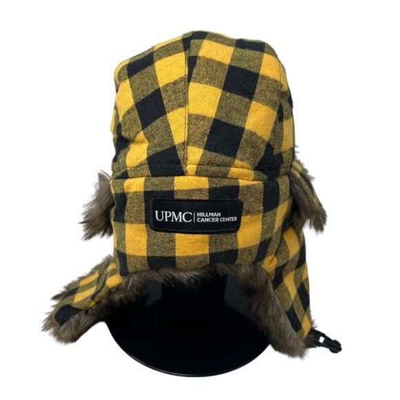 Pittsburgh Penguins Hockey Fights Cancer Trapper Hat Cap Faux Fur SGA 2023 Plaid - Picture 5 of 11